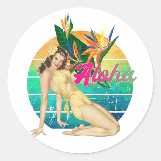 Aloha Tropical Pin-up girl retro sunset art  ラウンドシール (正面)