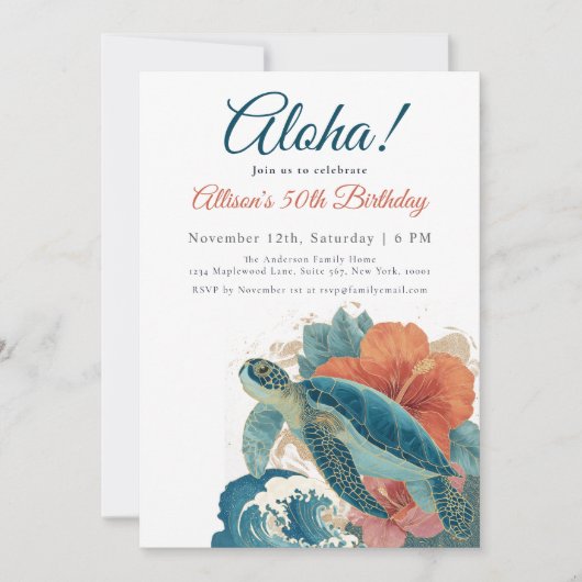 Aloha Tropical Sea Turtle Hawaiian Luau Birthday 招待状 (正面)