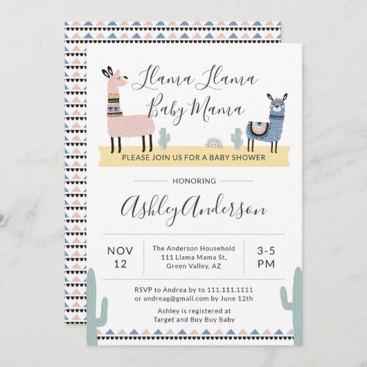 Alpacaラマのママのベビーシャワーの招待状 招待状 (正面/裏面)