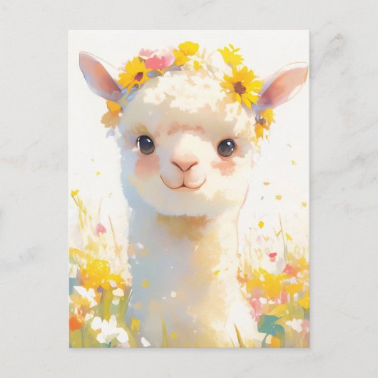 Alpaca with Yellow Floral Crown Meadow ポストカード (正面)