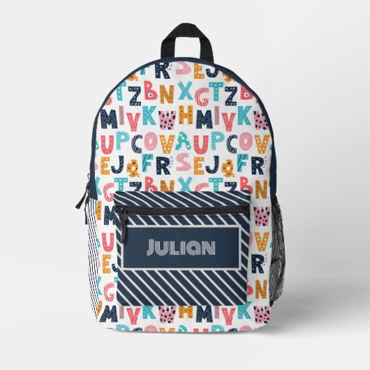 Alphabetパーソナライズされたおもしろいキッズ – 新学期 プリントバックパック (正面)