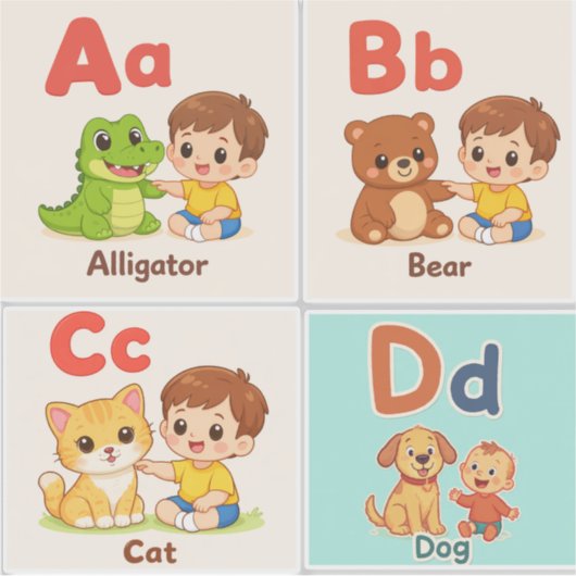 Alphabet Animals Sticker Sheet A–D シール (正面)