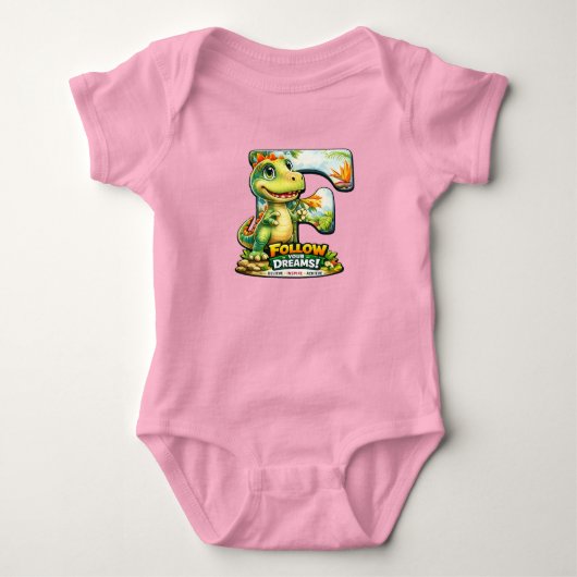 🦖💖 Alphabet Dino “F” Baby Jersey Bodysuit 👶✨ ベビーボディスーツ (正面)