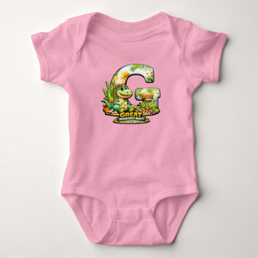 🦕💖 Alphabet Dino “G” Baby Jersey Bodysuit 👶✨ ベビーボディスーツ (正面)