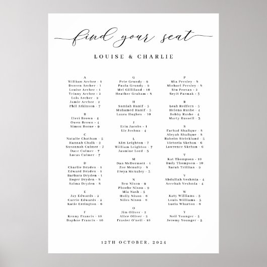 Alphabetical Elegant Wedding Seating Chart ポスター (正面)