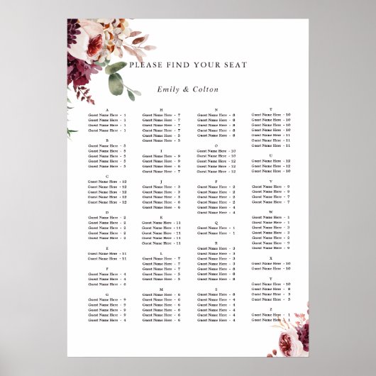 Alphabetical Order Autumn Wedding Seating Chart ポスター (正面)