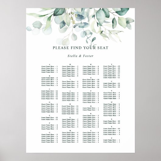 ALPHABETICAL Order Elegant Wedding Seating Chart ポスター (正面)