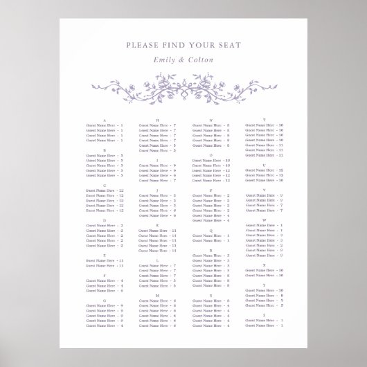 Alphabetical Order Lavender Wedding Seating Chart ポスター (正面)