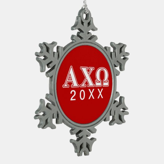 Alphiのキーオメガの白くおよび赤い手紙 スノーフレークピューターオーナメント (左)