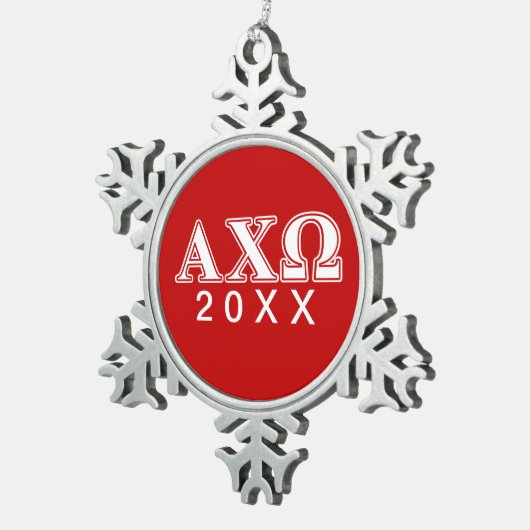 Alphiのキーオメガの白くおよび赤い手紙 スノーフレークピューターオーナメント (右)