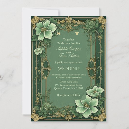 Alphonse Mucha Florals Opulence Sage Green Wedding 招待状 (正面)