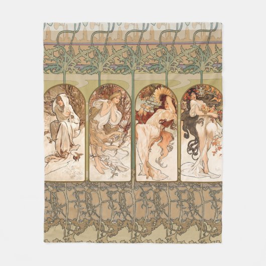 Alphonse Mucha Four Seasons 1897 Art Nouveau Panel フリースブランケット (正面)