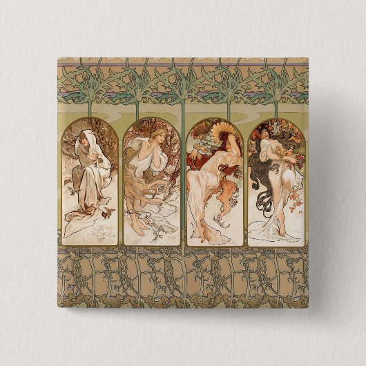 Alphonse Mucha Four Seasons 1897 Art Nouveau Panel 缶バッジ (正面)