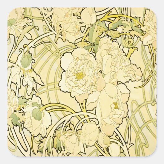 Alphonse Mucha Peonies Art Nouveau Floral Pattern スクエアシール (正面)