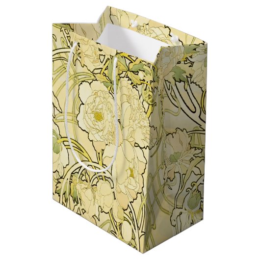 Alphonse Mucha Peonies Art Nouveau Floral Pattern ミディアムペーパーバッグ (裏面アングル)