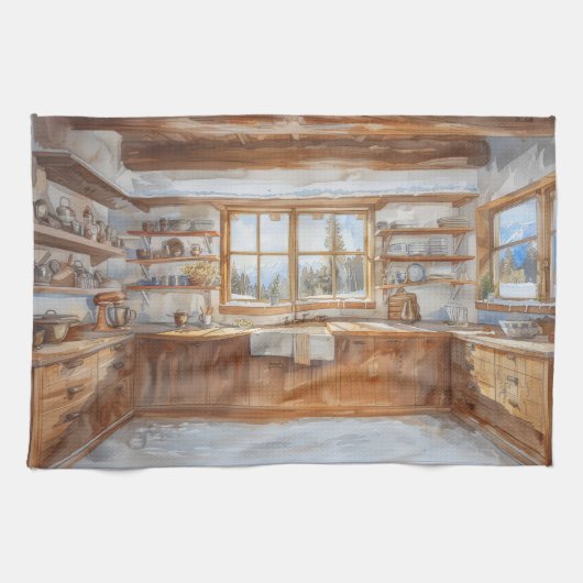Alpine Chalet Kitchen with Snowy Mountain View キッチンタオル (横)