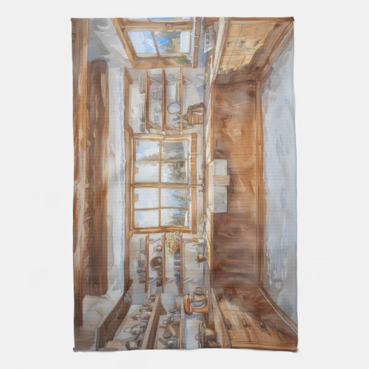 Alpine Chalet Kitchen with Snowy Mountain View キッチンタオル (縦)