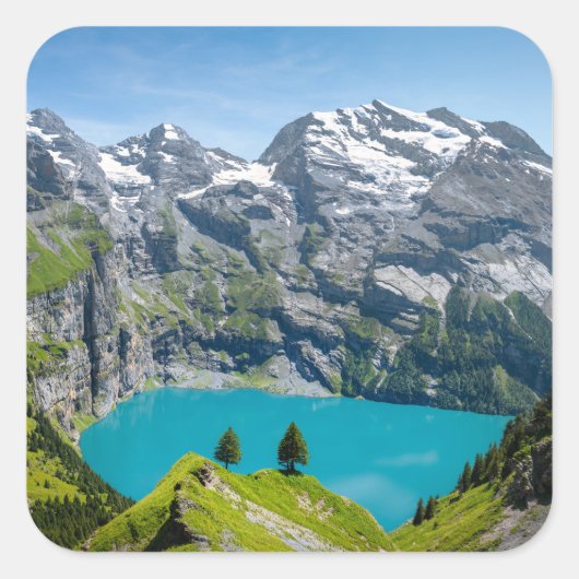Alpine lake Oeschinensee in Switzerland スクエアシール (正面)