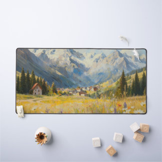 Alpine Mountain Village Oil Painting Desk Mat デスクマット