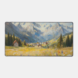Alpine Mountain Village Oil Painting Desk Mat デスクマット