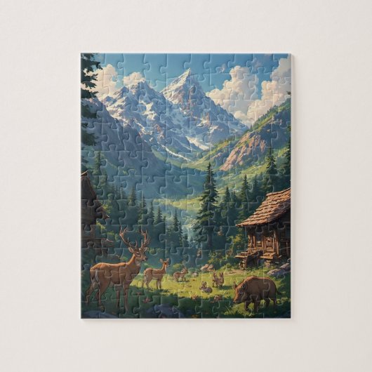 Alpine Valley Cabin Deer Landscape Jigsaw Puzzle ジグソーパズル (縦)