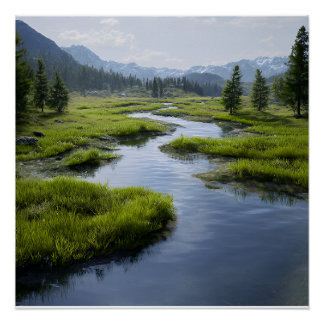Alpine Valley Stream Green Meadows Snowy Peaks ポスター