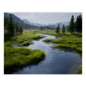 Alpine Valley Stream Green Meadows Snowy Peaks ポスター (正面)