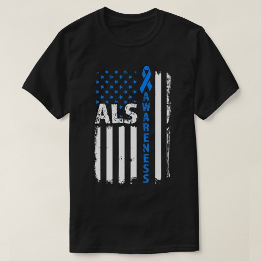 ALS認識度ブルーリボンUSフラグ Tシャツ (デザイン正面)