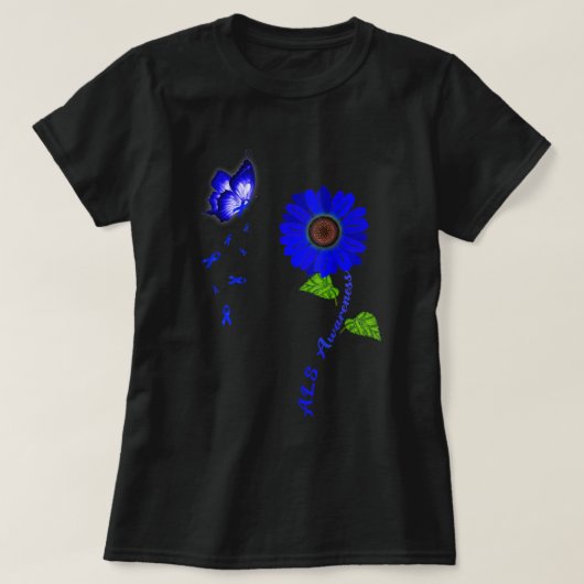 ALS Awareness Blue Butterfly Sunflower Ribbon  Tシャツ (デザイン正面)
