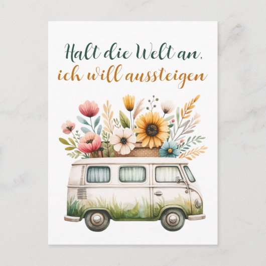 Alter Van mit Blumen- Hippiebus mit Blumen ポストカード (正面)