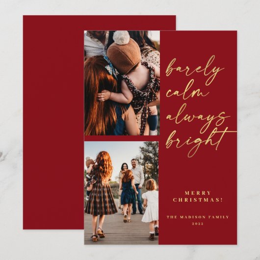 Always Bright Gold Script Photo Red Christmas  シーズンカード (正面/裏面)