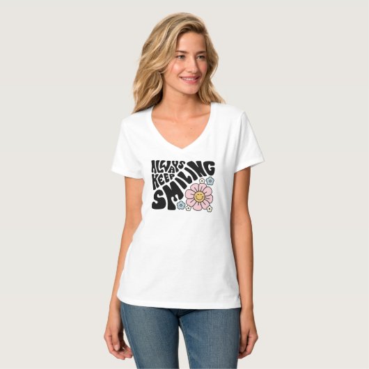 "Always Keep Smiling" Groovy 70s Font Tシャツ (正面フル)