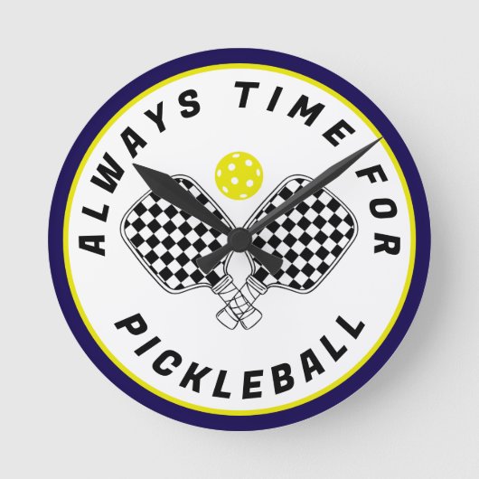 Always Time for Pickleball Paddles Black Olive ラウンド壁時計 (正面)