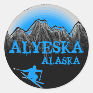 Alyeskaアラスカの青いスキーヤーのステッカー ラウンドシール