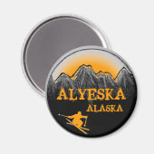 Alyeska Alaskaオレンジのスキーヤーマグネット マグネット (正面/裏面)