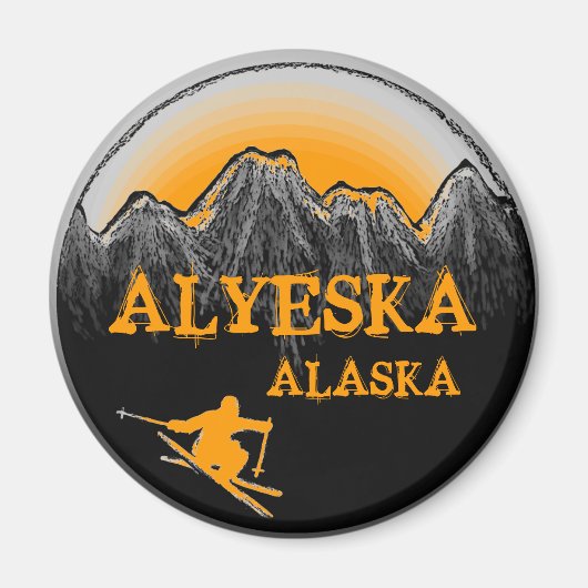 Alyeska Alaskaオレンジのスキーヤーマグネット マグネット (正面)