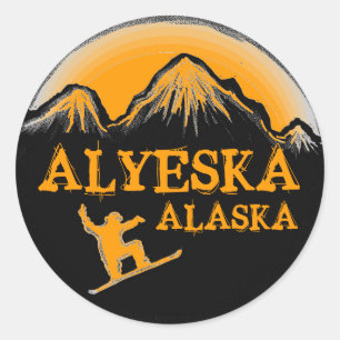 Alyeska Alaskaオレンジスノーボーダーステッカー ラウンドシール
