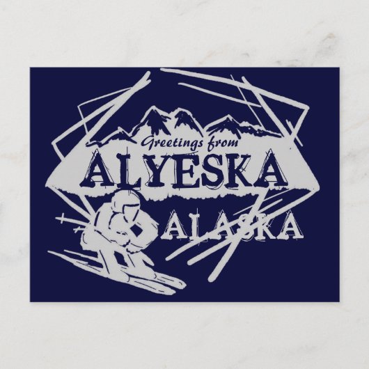 Alyeska Alaskaグリーティングネイビーのスキーヤー葉書 ポストカード (正面)