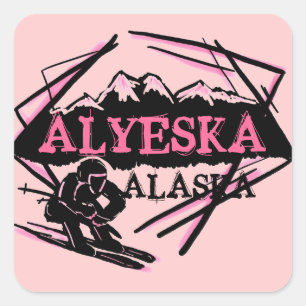Alyeska Alaskaピンクのスキーアステッカー スクエアシール