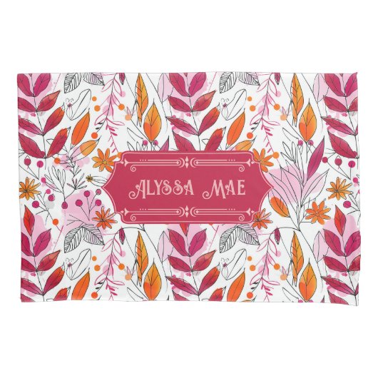 Alyssa Mae手描きピンクとオレンジ色の葉 枕カバー (正面)