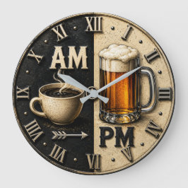AM PM Beer Funny Coffee Man Cave Pub Decor ラージ壁時計