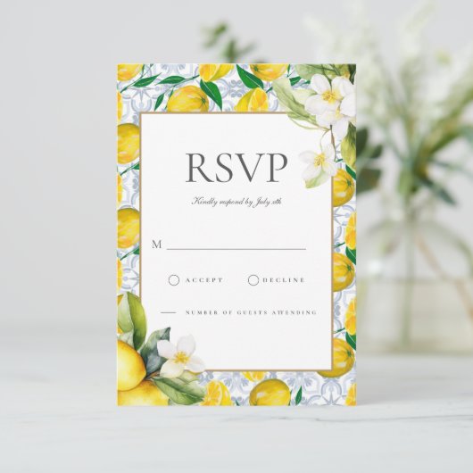 Amalfiコースト地中海のレモンタイルRSVPカード 出欠カード (スタンド正面)