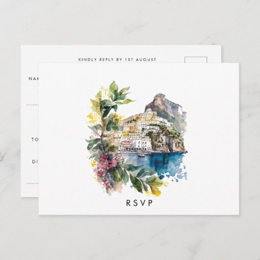 Amalfiコースト夏イタリアンの結婚式の出欠はがき インビテーションポストカード (正面/裏面)