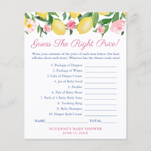 Amalfiレモン価格を推測ベビーシャワーゲームカード チラシ (正面)