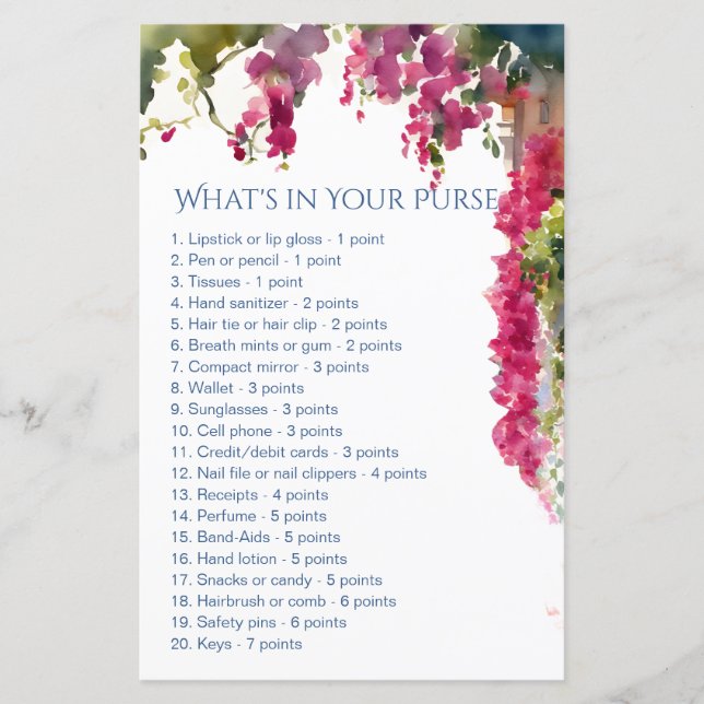 Amalfi bridal shower games whats in your purse (正面)