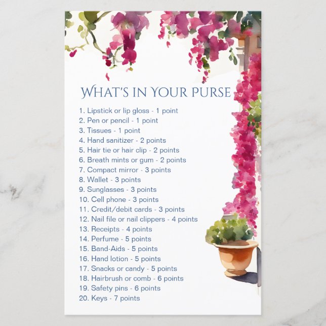 Amalfi bridal shower games whats in your purse (正面)