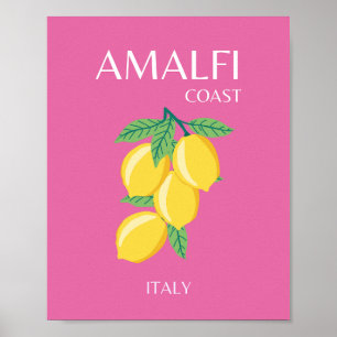 Amalfi Coast，イタリア，旅行アート，ピンク名門私立校風の, ポスター