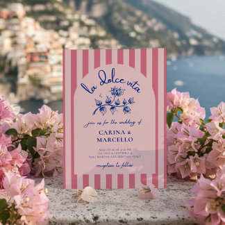 Amalfi Coast Amore Bougainvillea Stripe Wedding 招待状