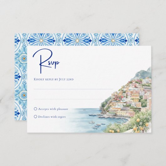 Amalfi Coast Amore | Watercolor Seaside Wedding 出欠カード (正面/裏面)