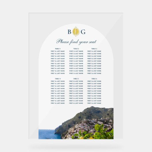 Amalfi Coast Arch Italy Wedding Seating Chart アクリルサイン (正面)
